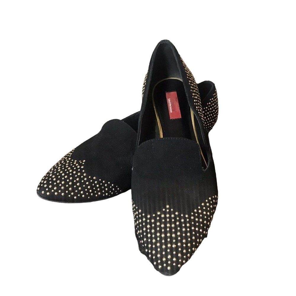 Saks Fifth Avenue Red Label Filly Suede Flats Size 38.5 Black Gold Studs US 8.5